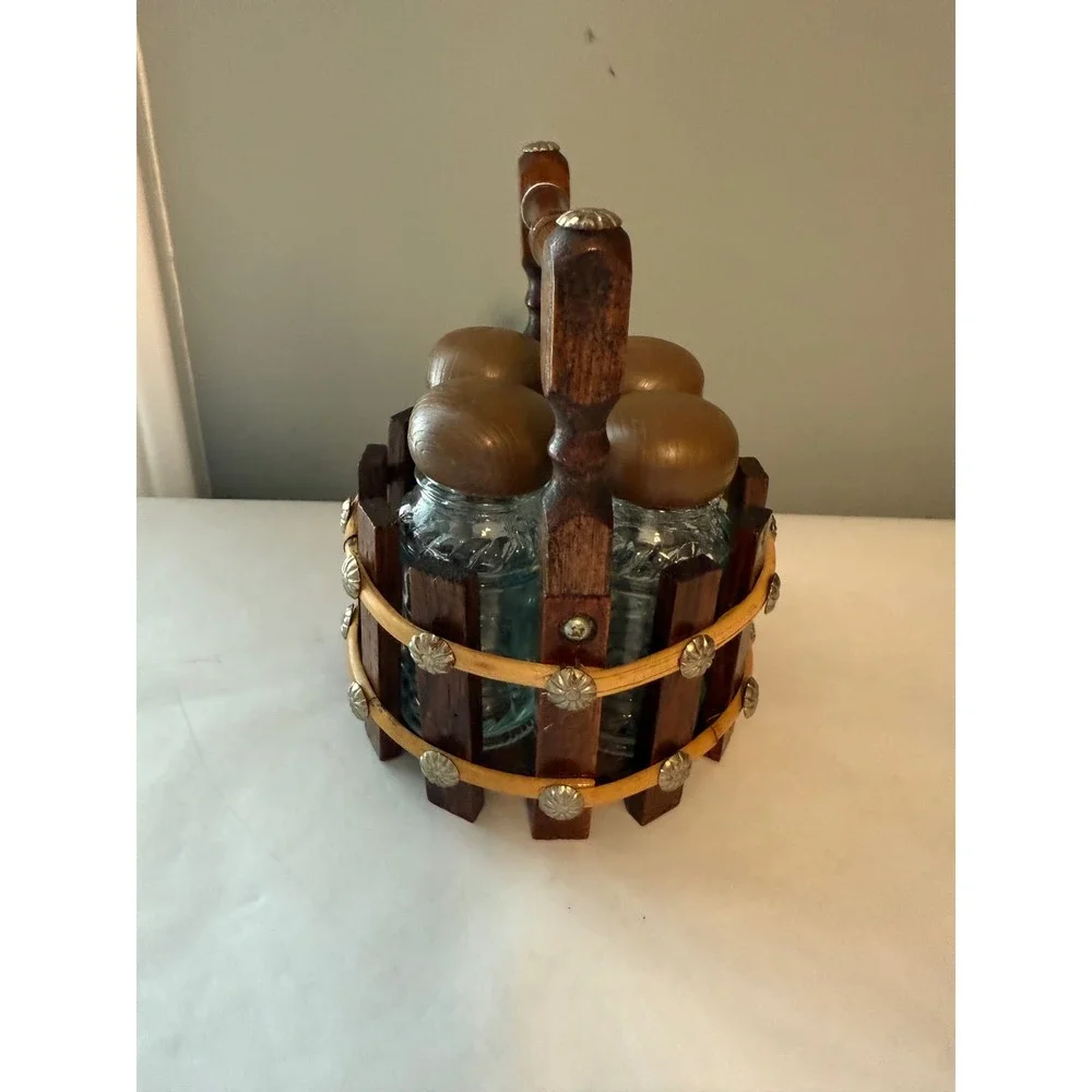 Vintage Wood Caddy Glass‎ Salt and Pepper Shakers Set Country Farmhouse